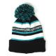 Cuff Pom Pom Stripe Knit Beanie, Premium Plain Skull Slouch Hat Cap, Black & Turquoise