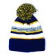 Cuff Pom Pom Stripe Knit Beanie, Premium Plain Skull Slouch Hat Cap, Navy Blue & Gold