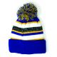 Cuff Pom Pom Stripe Knit Beanie, Premium Plain Skull Slouch Hat Cap, Royal Blue & Gold