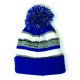 Cuff Pom Pom Stripe Knit Beanie, Premium Plain Skull Slouch Hat Cap, Royal Blue & Gray